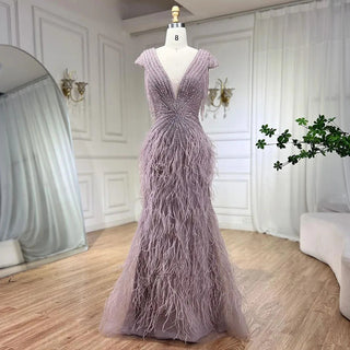 Ships in 1 to 3 Days - Arabic Brown Mermaid Elegant Evening Gown 2024: Feathers, Beaded Luxury for Women's Wedding Party