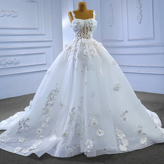 Illusion Spaghetti Strap Flower Ball Gown Empire Wedding Dress