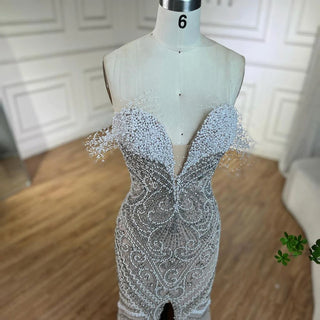 Luxury Dubai White Nude Strapless Mermaid Evening Dress - Pearls Beaded Gown for Women's Wedding Party