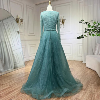 Turquoise Muslim Elegant A-Line Evening Dress with Beaded Details for Formal Events 2024