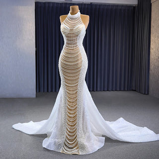 Sexy Sleeveless Halter Mermaid Pearl Wedding Dress