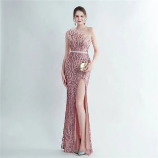 Elegant Slash Neck Feather Sequin Evening Dress for Women Beading Long Party Maxi Dress