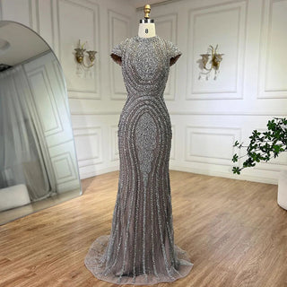 Ships in 1 to 3 Days - 2024 Arabic Dubai Gray Nude Mermaid Floor-Length Beaded Luxury Evening Dress - Gown for Women's Wedding Party