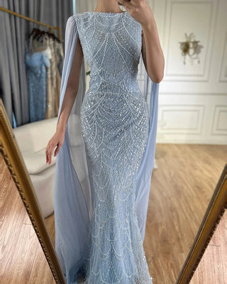 Ships in 1 to 3 Days - 2024 Saudi Arabia Blue Mermaid Evening Gown with Cape Sleeves and Luxury Beading for Formal Occasions