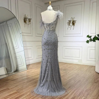 Gray Elegant Halter Feathers Beaded Luxury Mermaid High Split Evening Dress: Party Gown for Women