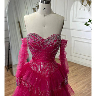 Fuchsia A-Line Elegant Sweetheart Off-Shoulder Tiered Beaded Evening Dress: 2024 Prom Gown for Women's Party