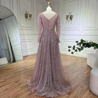 Arabic Pink A-Line Elegant Long Sleeves Evening Dress - Luxury Beaded Gown for Women's Wedding Party 2024