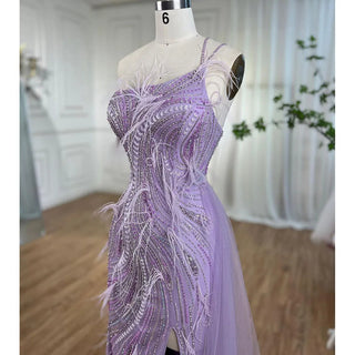 Lilac Mermaid Elegant One Shoulder Evening Dress with Feathers and Beaded Detail - Women's Wedding Party Gown 2024