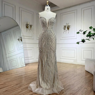 Ships in 1 to 3 Days - 2024 Arabic Nude Halter Neck Mermaid Pearls Beaded Luxury Dubai Evening Gown for Women's Party