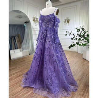 Arabic Purple Spaghetti Strap A-Line Dubai Evening Dress 2024 with Long Sleeves, Beaded Luxury - Ideal for Special Occasions