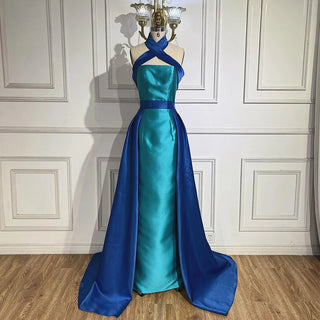 Arabic Blue Contrast Evening Dress with Overskirt - Criss Cross Halter Women's Wedding Party Dress 2024