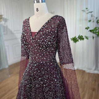 Arabic Purple A-Line Beaded Evening Dress with Cape Sleeves - Women's Wedding Party Gown 2024