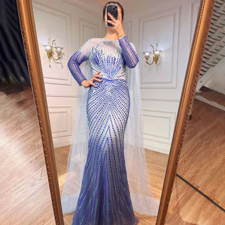 Arabic Blue Mermaid Evening Dress - Long 2024 Beaded Luxury Gown for Women's Party