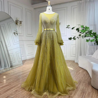 Ships in 1 to 3 Days - Arabic Yellow A-Line Elegant Beaded Evening Gown for Women's Wedding Party 2024