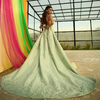 2024 Arabic Sage Green Strapless Satin A-Line Evening Gown with Luxury Crystal Appliques for Formal Occasions