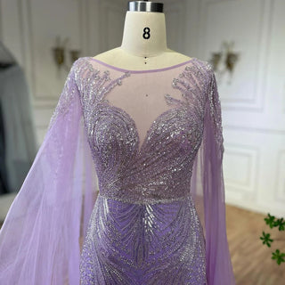 Luxury Dubai Arabic Lilac Cape Sleeves Mermaid Beaded Evening Dresses Gowns for Women