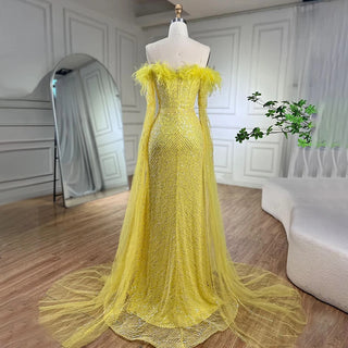 Pink Cape Sleeves Mermaid Yellow Evening Dresses Gowns Luxury Beaded Feathers For Women Wedding Party 2024