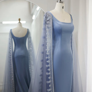 Luxury Crystal Blue Mermaid Dubai Evening Dresses with Cape Sleeves: Elegance for Arabic Women's Wedding Party Gowns