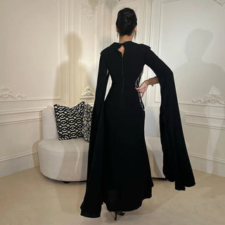 Ships in 1 to 3 Days - Arabic Black Mermaid Elegant Cape Sleeves Beaded Satin Luxury Dubai Evening Dresses Gowns For Women Party