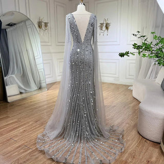 Arabic Charcoal: 2024 Gray Mermaid Evening Dress with Elegant Cape Sleeves - Luxury Beaded Gown for Women's Wedding Party