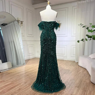 Green Mermaid High Split Spaghetti Strap Evening Dress: 2024 Feather Beaded Gown for Women's Party