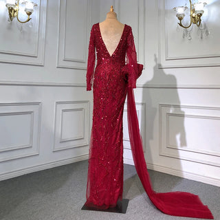 Ships in 1 to 3 Days - Wine Red Elegant Mermaid Evening Gown 2024 - Luxury Beaded Overskirt for Women's Party