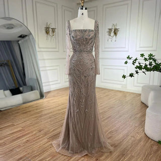 Ships in 1 to 3 Days - Arabic Nude Mermaid Beaded Luxury Dubai Long Evening Dress with 2-in-1 Skirt and Overskirt for Women's Party 2024