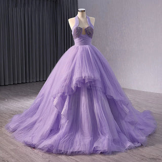 Elegant Lilac Halter Ball Gown Evening Party Dress for Women