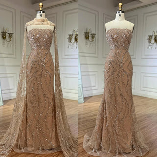 Nude Strapless Mermaid Evening Dress with Detachable Cape and Lace-Up Back for Formal Occasion