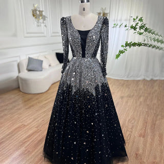 Ships in 1 to 3 Days - Muslim Black A-Line Evening Gown: Luxurious Sequined and Beaded Elegance for Women's Wedding Party 2024