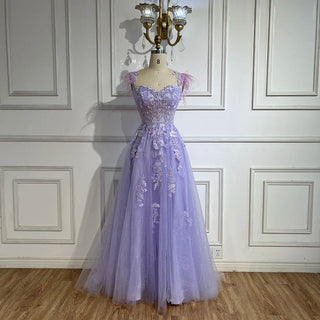 2024 Lilac Spaghetti Strap Lace-Up Back A-Line Appliques Feathers Prom Dress for Women Wedding Party