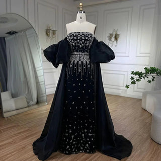 Black Mermaid Evening Gown with Puff Sleeves: Beaded Overskirt Design for Women's Party