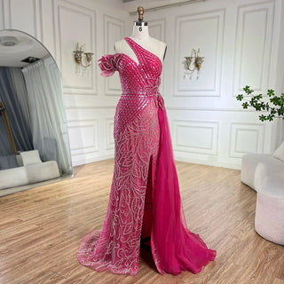 Arabic Fuchsia One-Shoulder Tulle Overskirt Mermaid Beaded Evening Gown for Women Wedding Party 2024