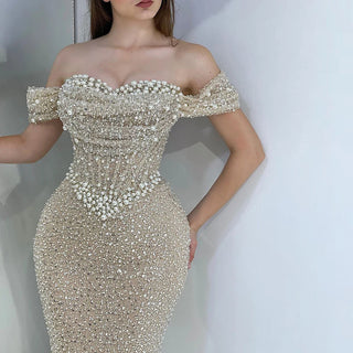 Dubai Arabian Elegance: 2024 Nude Mermaid Evening Gown - Luxury Beaded Dress with Pearls for Women's Wedding Party