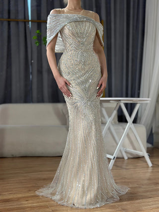 Saudi Arabic Silver Nude Beaded Mermaid Evening Gown - Luxury Dress for Formal Occasions