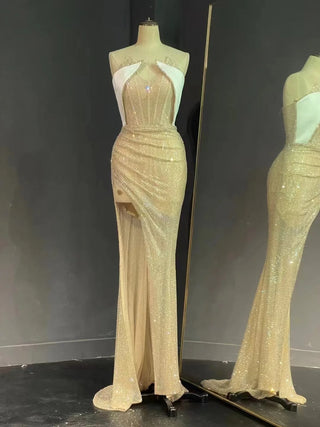 Sexy Champagne Mermaid Dress with High Slit and V-Neck - Stage Evening Fashion Dress