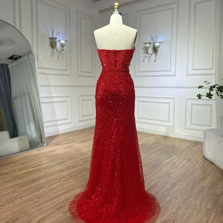 Ships in 2 to 5 Days - 2025 Customized Red Mermaid Evening Gown with Long Cape and Pearls Beaded Embellishments