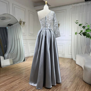 2024 Grey Satin Elegant Evening Dress: One Shoulder, Handmade Flowers, A-Line Formal Gown