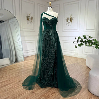 Ships in 1 to 3 Days - 2024 Green One Shoulder Mermaid Evening Dress with Cape Overskirt: Perfect for Women's Wedding Party and Long Prom Formal Events