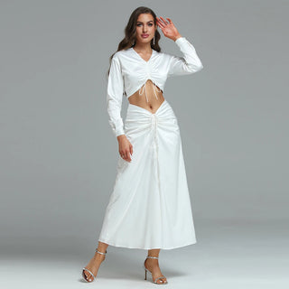 Ships in 1 to 3 Days - V-Neck White Maxi Dress with Long Sleeves - Ruched Tie Front Silk Dress for Women | Elegant Cut-Out Party & Casual Dress