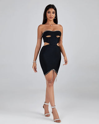 Fashion Bandage Dress - Sparkly Diamond Chain Strapless Open Back Cutout Mini Club Dress