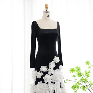 Luxury 3D Flowers Black Velvet Strapless Evening Dress with Gloves for Dubai Women’s Wedding and Party Gowns