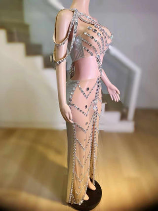 One-Shoulder Crystal-Encrusted Evening Gown with High Slit