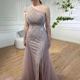 Arabic Pink Mermaid One Shoulder Sexy High Split Beaded Evening Dress - Women's Wedding Party Gown 2024