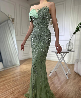 Ships in 1 to 3 Days - 2024 Arabic Green Mermaid Evening Gown with One Shoulder and Beaded Detailing - Elegant Long Dress for Formal Occasions