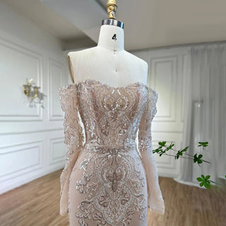 Sophisticated Arabic White Nude Mermaid Evening Dress - Elegant Off-The-Shoulder Gown with Luxury Sequins for 2024 Party