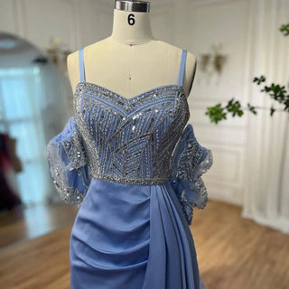 Arabic Blue Elegant Mermaid Evening Dress: Puff Sleeves with Beaded Feathers, Luxury Dubai Design for Women's Party