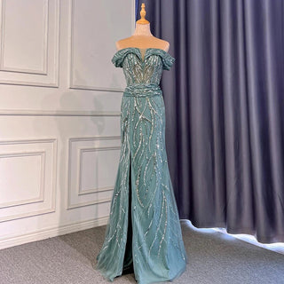 Turquoise Mermaid Evening Dress: 2024 Beaded Elegant Luxury with High Split for Women's Party