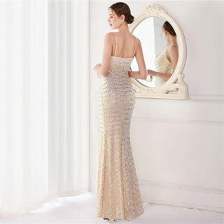 Sexy V-Neck Sequin Strap Party Maxi Dress with Slit - Long Prom Evening Dress for Women