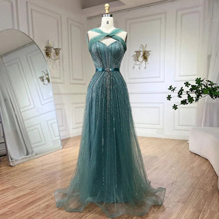 Dubai Azure: 2024 Turquoise Spaghetti Strap A-Line Luxury Beaded Evening Dress - Gown for Women's Wedding Party